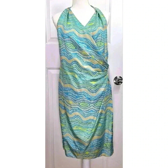 LAFAYETTE 148 Sleeveless Wrap Dress Wavy Stripe Multi Green Beach Colors Size 8 - Picture 1 of 7